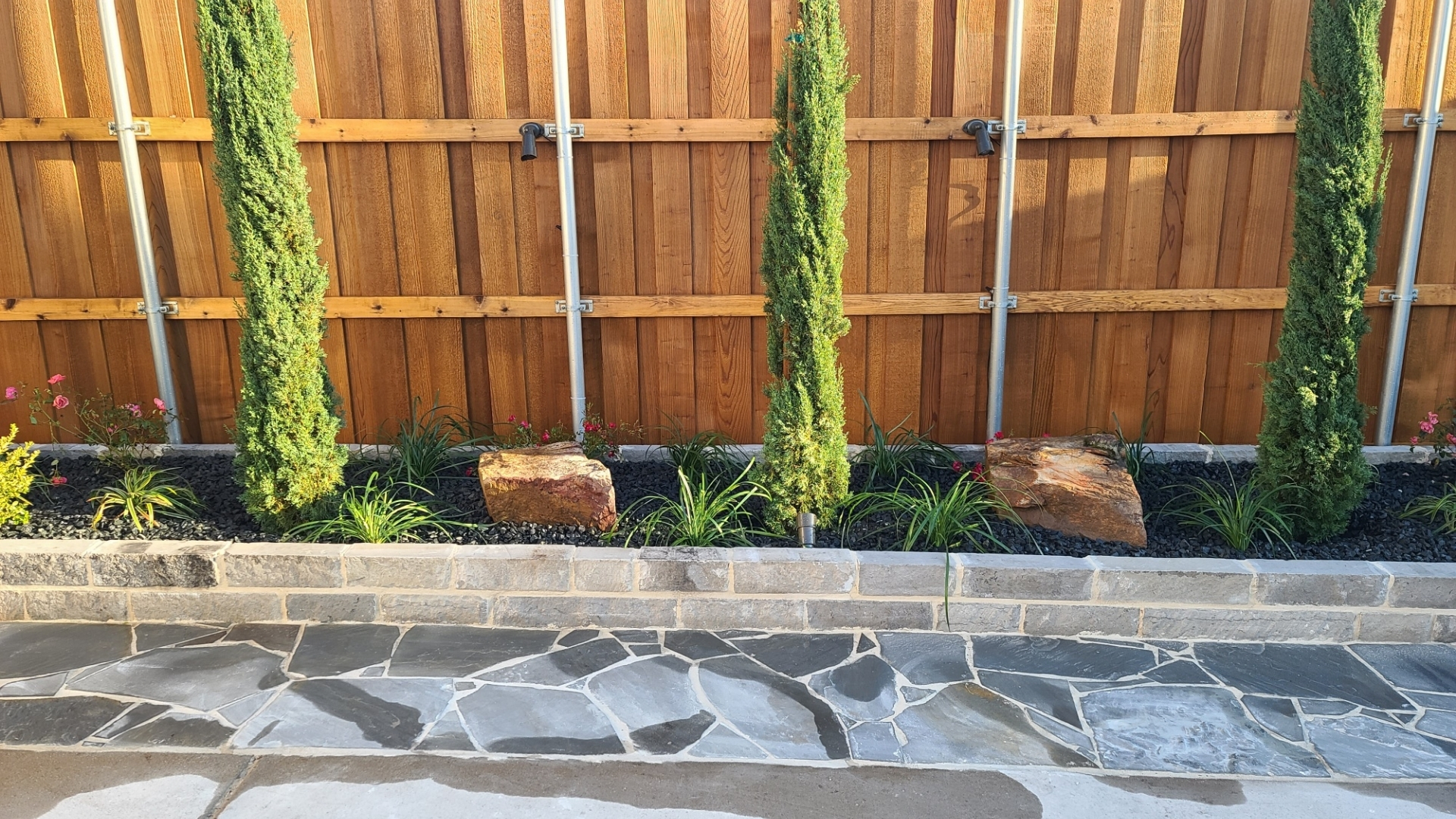 italian-cypress-privacy-screen-black-rock-flagstone-path-prosper-frisco-tx