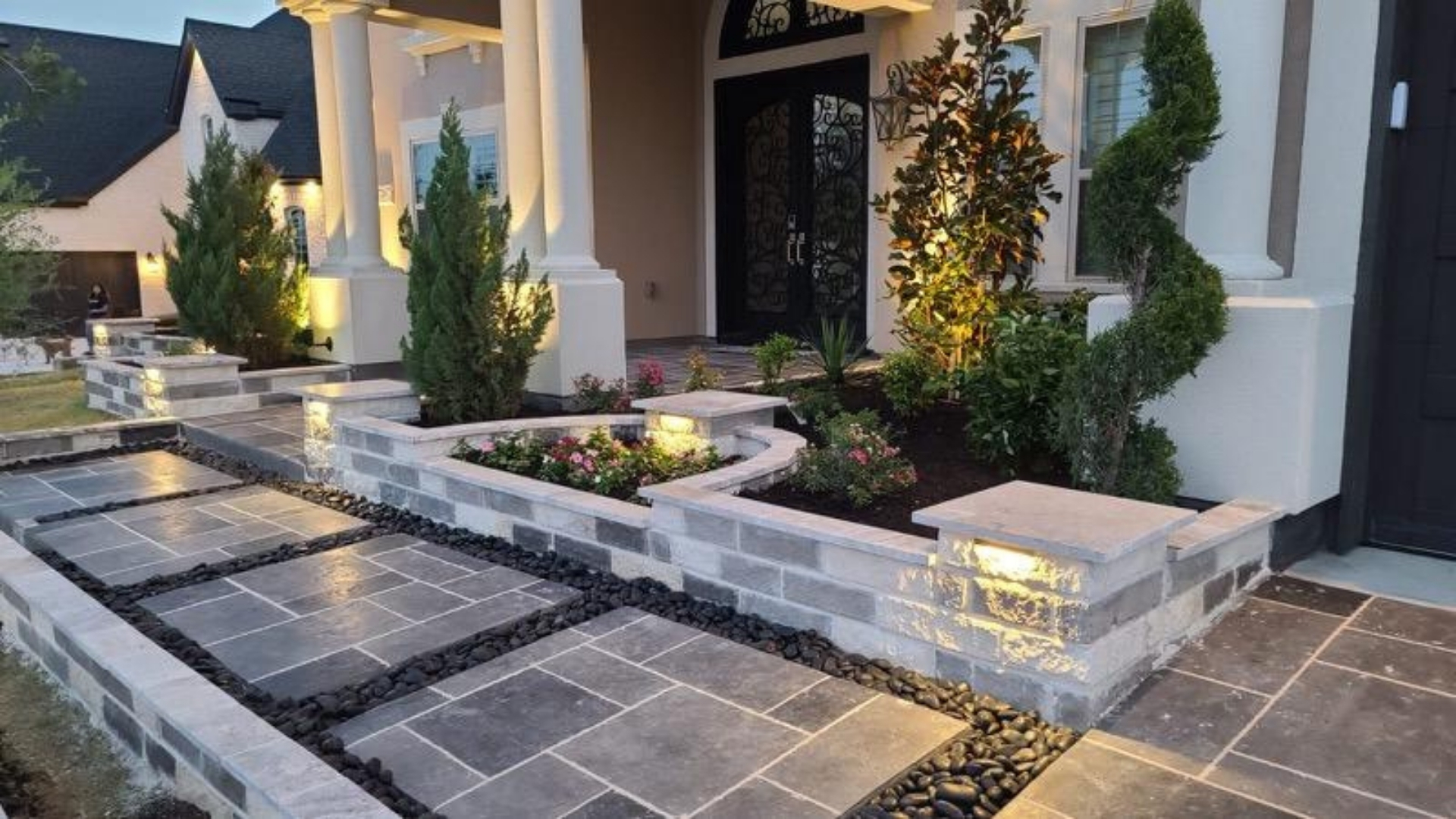 lighted-entry-walkway-led-planter-lights-black-rock-frisco-prosper-tx