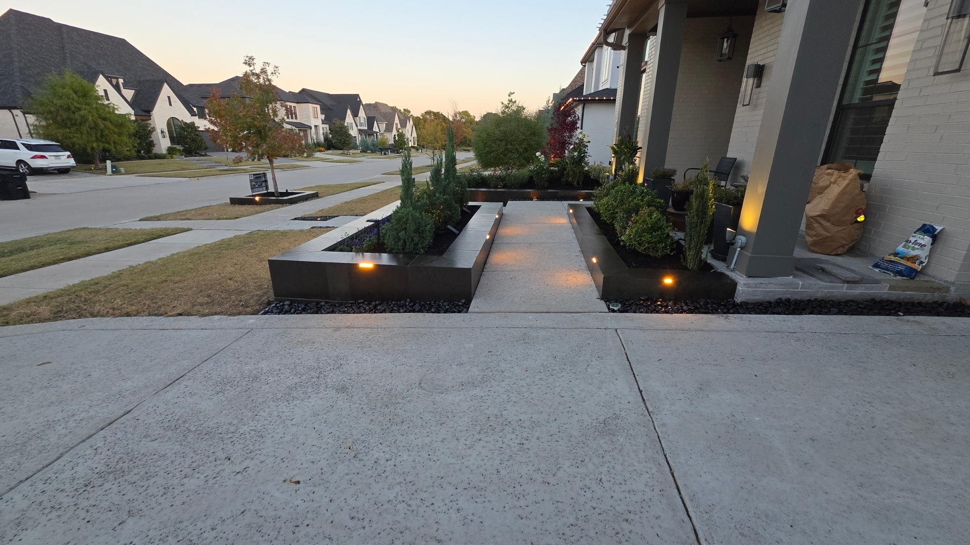 modern-black-stone-entry-planters-led-walkway-lights-prosper-frisco-tx