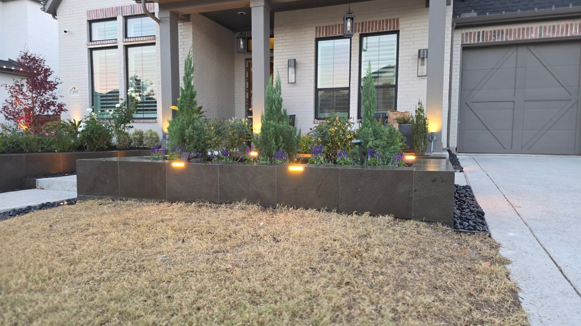 modern-black-stone-front-planter-led-lights-prosper-frisco-tx