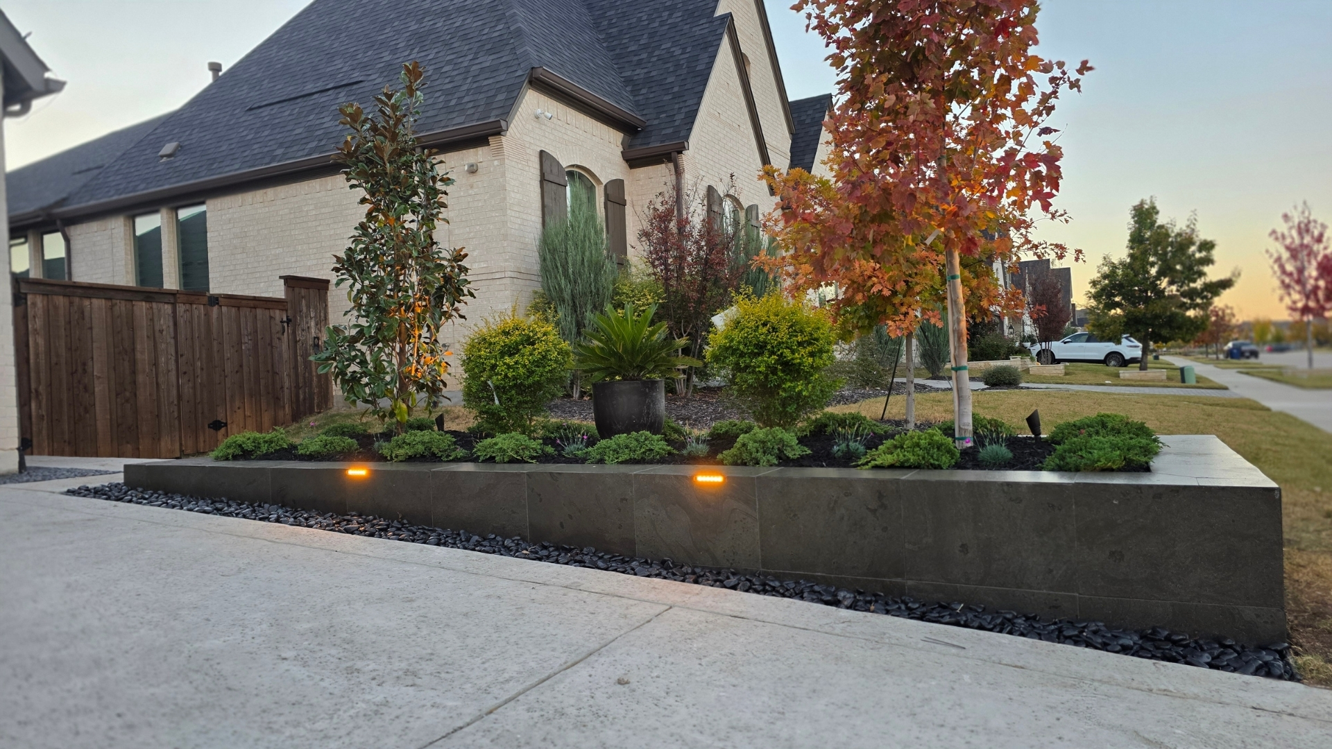 modern-black-stone-gate-planter-led-lights-prosper-frisco-tx