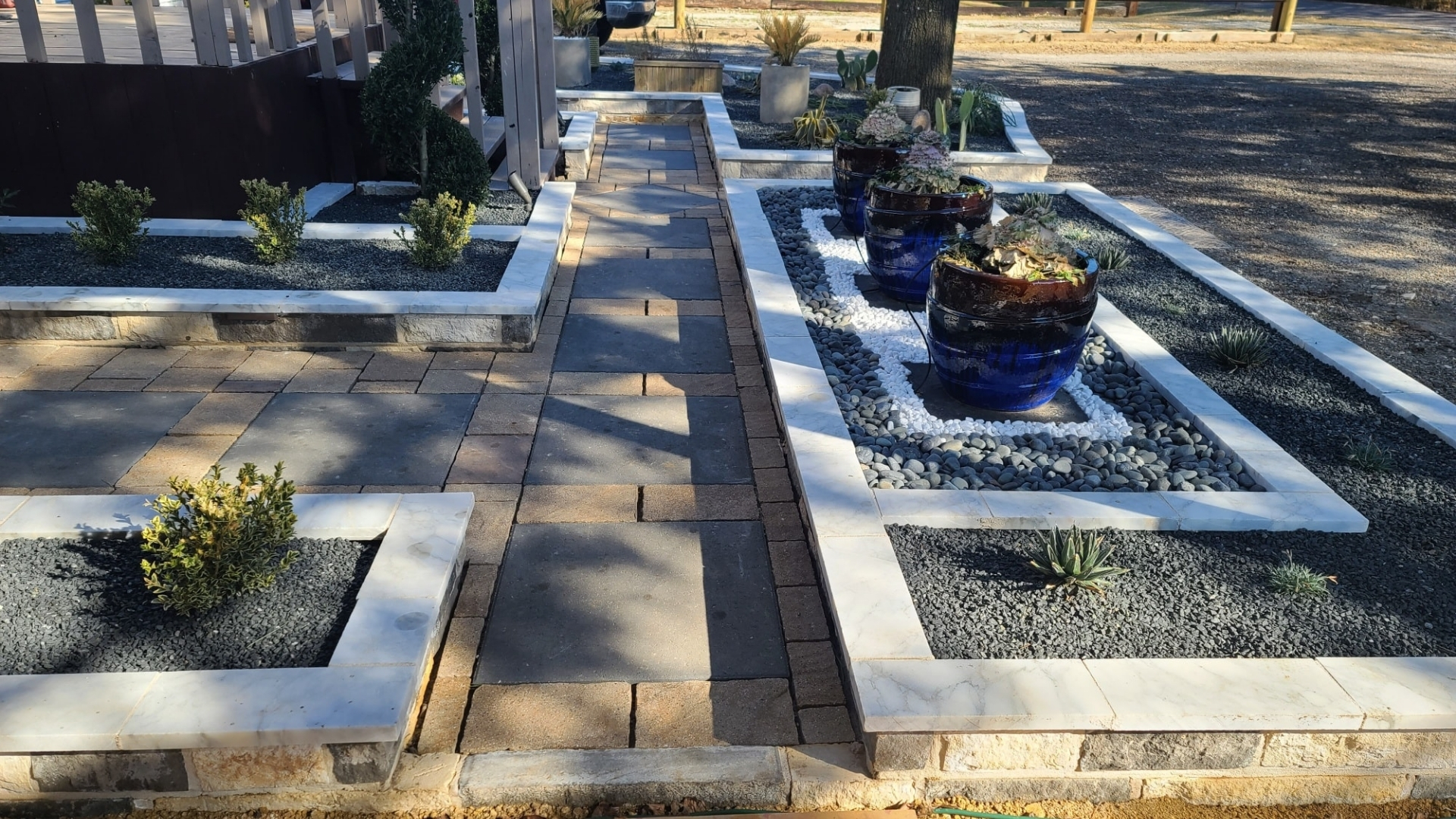 modern-paver-walkway-chopped-stone-planters-black-rock-prosper-frisco-tx